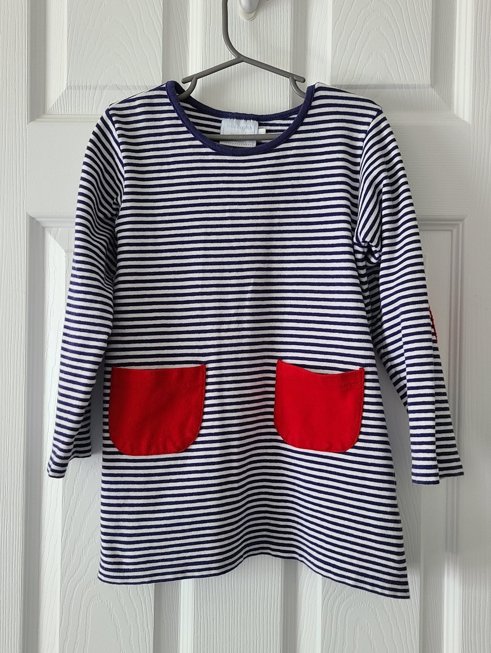 Little English Navy and White Striped Dress with Red Pockets